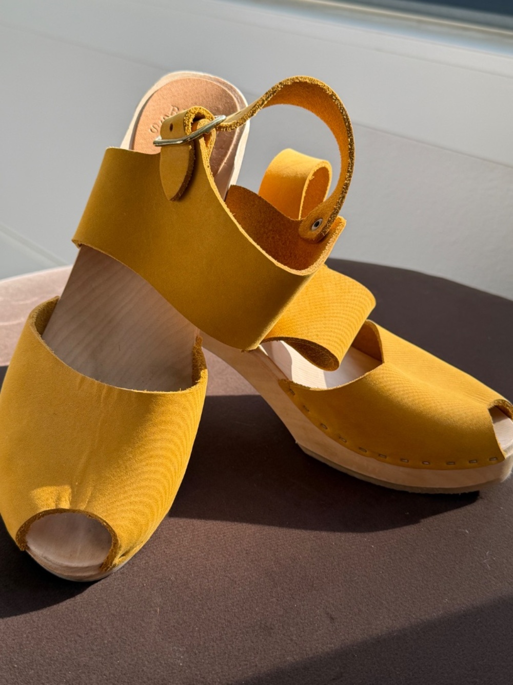 BRYR Clogs Sascha Mustard Yellow Suede Wooden Heel Sandals Size 38 US 7.5 8